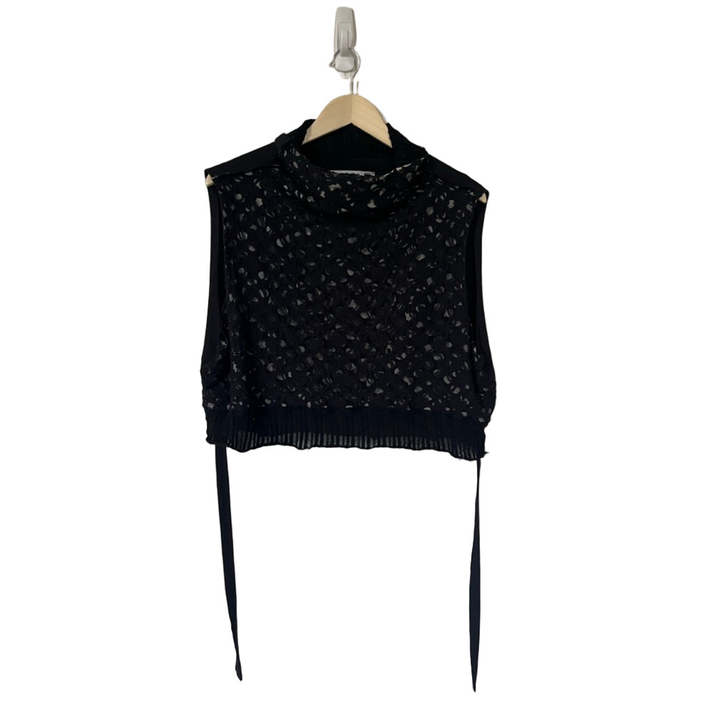 Art Point Designer Black Lace Sleeveless Cowl Neck Tank Top Cropped Layered Wool